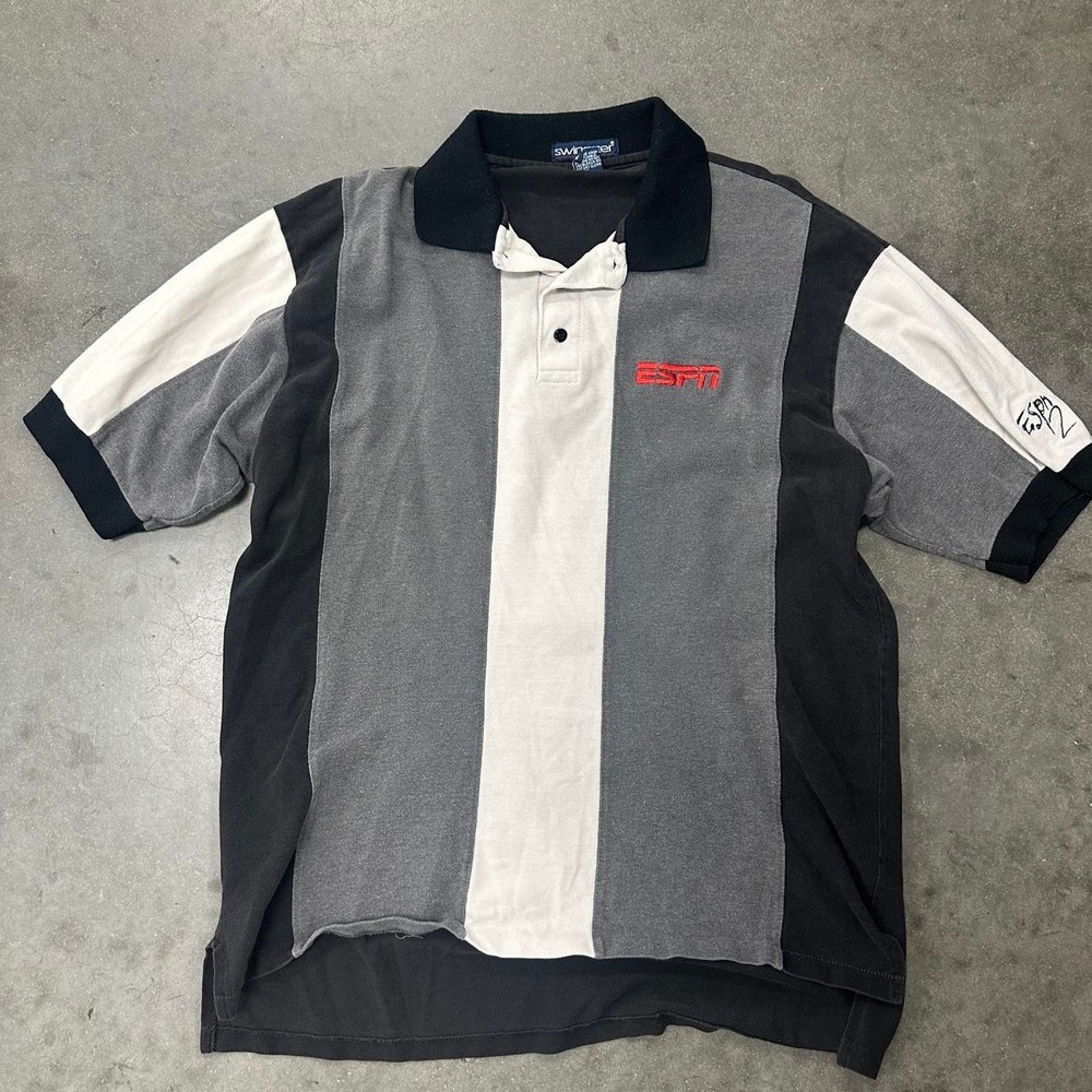 Vintage 90s ESPN Polo Black White Striped Shirt Size XL